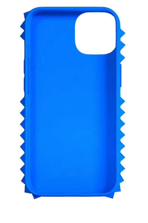 Electric-blue Prickly Phone Case with flexible pyramid-shaped spikes along its sides