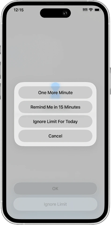 iPhone Screen Time dialog with One More Minute, Remind Me in 15 Minutes, and Ignore Limit For Today options.